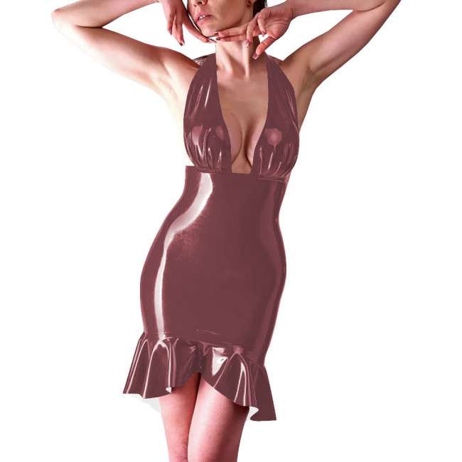 Coctail Party Sexy Backless Tight Dress for Women Latex-look Halter Sleeveless Bodycon Short Robe Evening Elegant Mermaid Dress