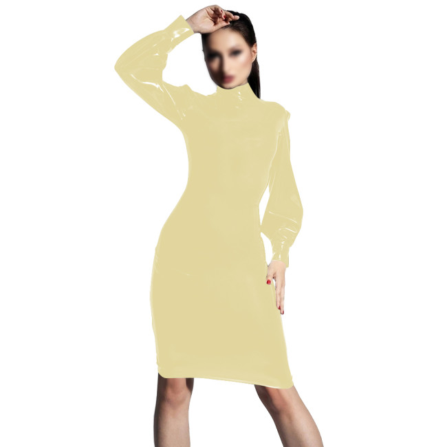 PVC Shiny Leather Elegant Bodycon Dress Turtleneck Long Sleeved Slimming Dresses Transparent Womens Knee-length Party Club Dress