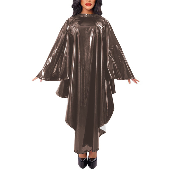 Women Cape Sleeve Loose Robe Maxi Dress Faux Leather Mock Neck Irregular Long Dress Stage Apparel Solid Cape Raincoat Clubwear