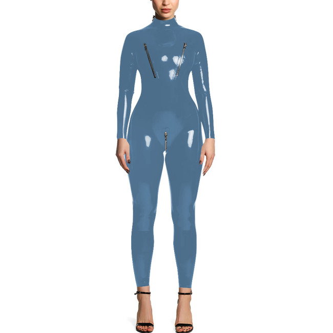Sissy Mens Long Sleeves Zip Open Crotch Overalls for Women Jumpsuits Faux Leather Sexy Nightclub Solid Stretch Catsuit Fetish