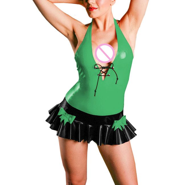 Novelty Sexy Wet Look Patent Leather Bodysuit with Ruffles Hem Sleeveless Halter V-Neck Rompers for Pole Dance Party Nightclub