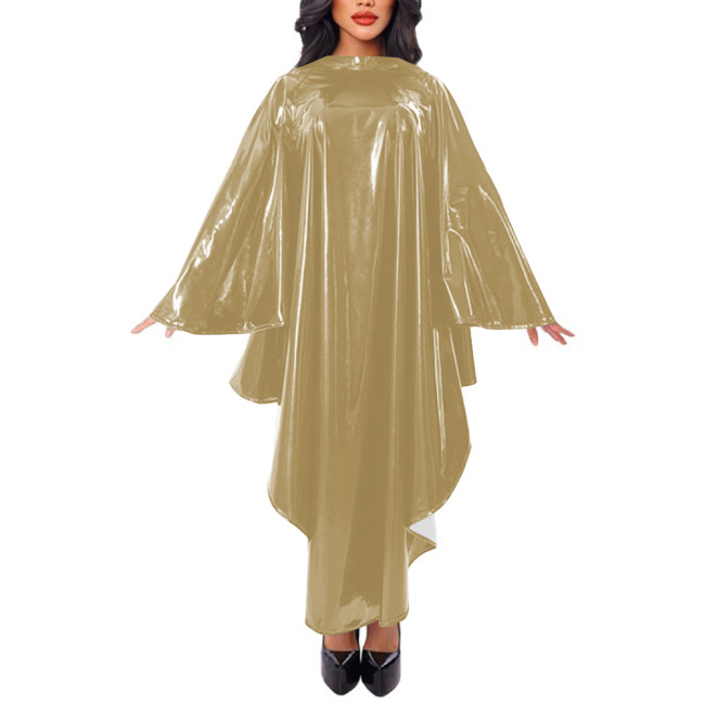Women Cape Sleeve Loose Robe Maxi Dress Faux Leather Mock Neck Irregular Long Dress Stage Apparel Solid Cape Raincoat Clubwear