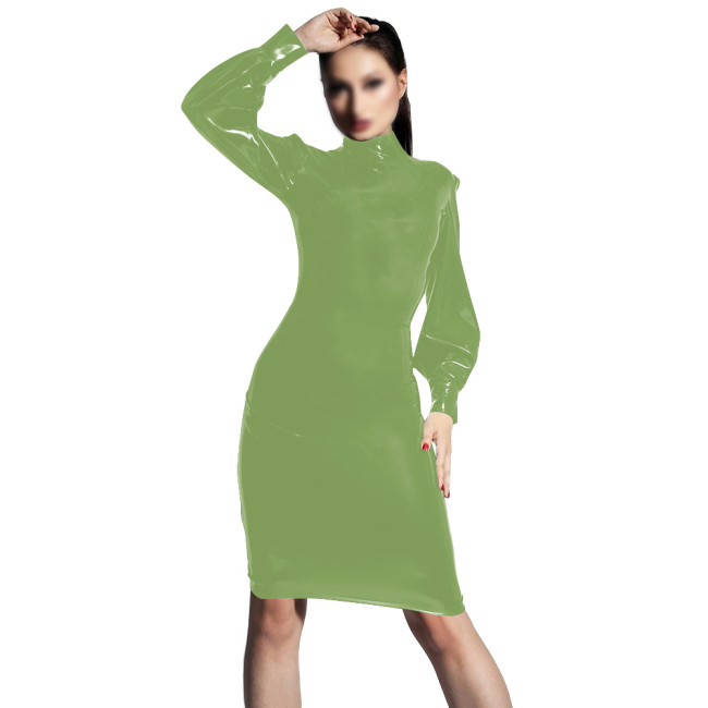 PVC Shiny Leather Elegant Bodycon Dress Turtleneck Long Sleeved Slimming Dresses Transparent Womens Knee-length Party Club Dress