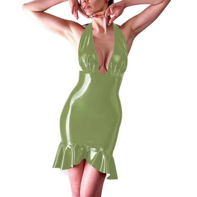 Coctail Party Sexy Backless Tight Dress for Women Latex-look Halter Sleeveless Bodycon Short Robe Evening Elegant Mermaid Dress