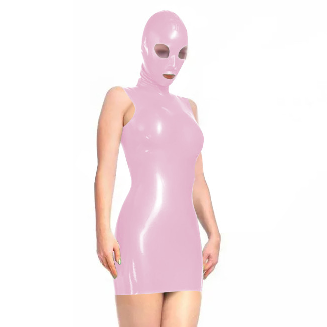 Sissy Novelty Wetlook Bodycon Mini Dress with Mask Hood Womens Sexy Sleeveless Tight Club Dress Party Vinyl PVC Dress Cosplay