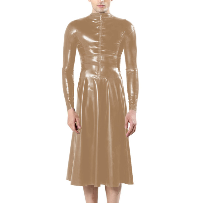 Fashion Unisex Long Sleeves Front Zip Faux Latex Sissy Dress Mock Neck Bodycon A-line Midi Dress Mens Fetish Slim Women Dresses