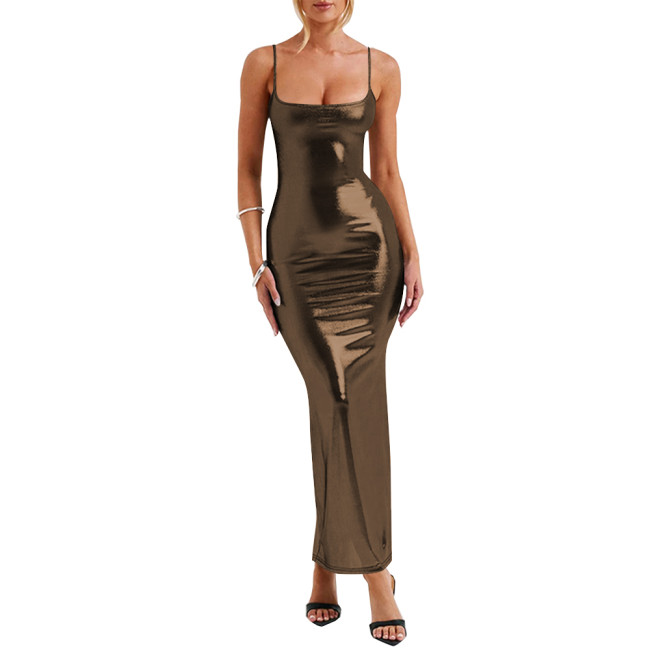 Spaghetti Strap Liquid Metallic Long Dress Sexy Tights Evening Party Vestido Elegant Ladies Soft Sparkly Maxi Dress Clubwear