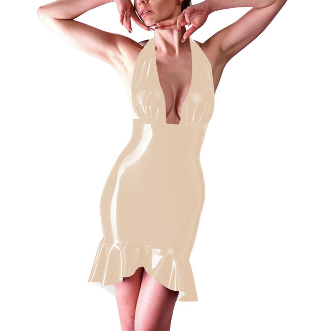 Coctail Party Sexy Backless Tight Dress for Women Latex-look Halter Sleeveless Bodycon Short Robe Evening Elegant Mermaid Dress