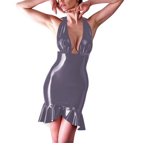 Coctail Party Sexy Backless Tight Dress for Women Latex-look Halter Sleeveless Bodycon Short Robe Evening Elegant Mermaid Dress