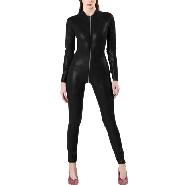 Fetish Queen Women Long Sleeve Jumpsuits Exotic Round Neck Sexy Open Crotch Skinny Rompers PVC Leather Nightclub Leotard Sissy