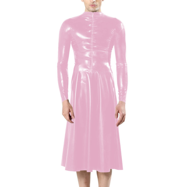 Fashion Unisex Long Sleeves Front Zip Faux Latex Sissy Dress Mock Neck Bodycon A-line Midi Dress Mens Fetish Slim Women Dresses