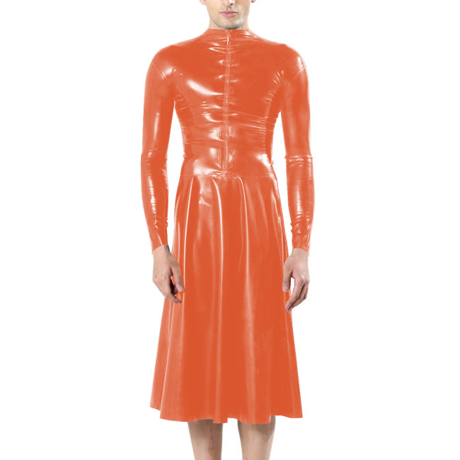 Fashion Unisex Long Sleeves Front Zip Faux Latex Sissy Dress Mock Neck Bodycon A-line Midi Dress Mens Fetish Slim Women Dresses