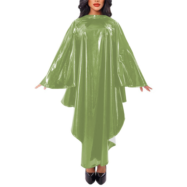 Women Cape Sleeve Loose Robe Maxi Dress Faux Leather Mock Neck Irregular Long Dress Stage Apparel Solid Cape Raincoat Clubwear
