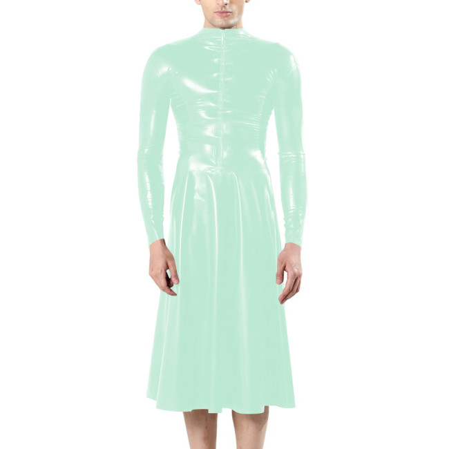 Fashion Unisex Long Sleeves Front Zip Faux Latex Sissy Dress Mock Neck Bodycon A-line Midi Dress Mens Fetish Slim Women Dresses