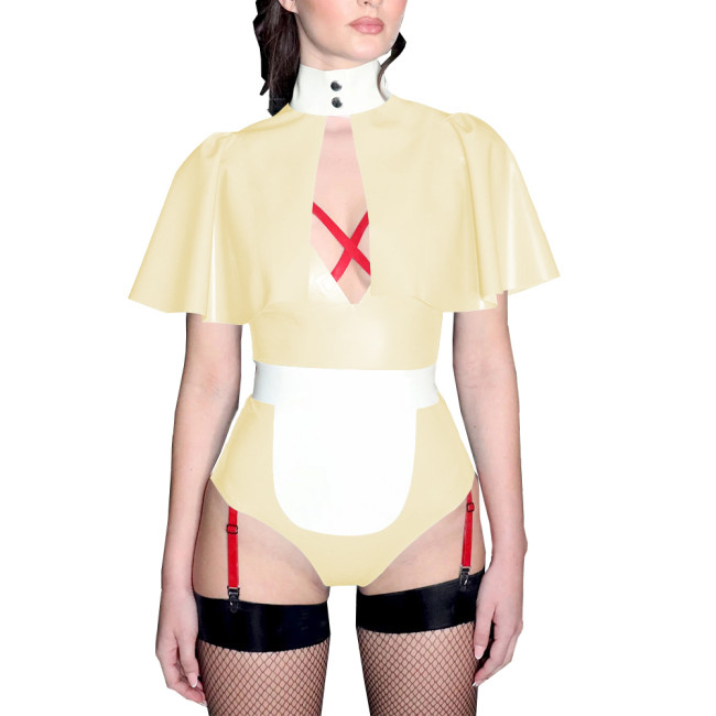 Fetish Deep V-neck Bodycon Faux Latex Bodysuits with Cape Sexy Sleeveless High Cut Rompers Cosplay Costume Plus Size Bodysuits