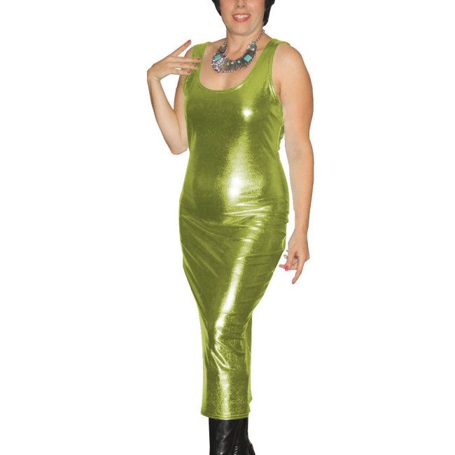 Sexy Slim Fit Maxi Dress Women Shiny Metallic Backless Bandage Sleeveless Pleated Hip Package Party Dress New Split Robe Vestito