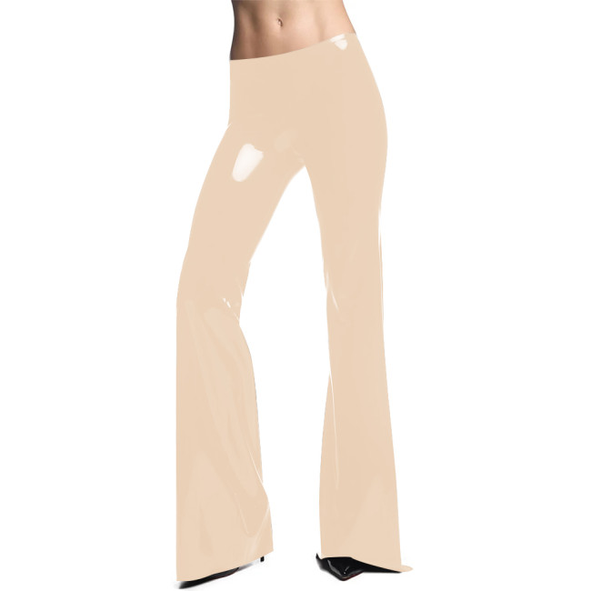 Glossy Office Lady PVC Leather Bodycon Flare Pants Women PVC Leather Tight Solid Slim Long Capris Trousers Female Casual Bottoms