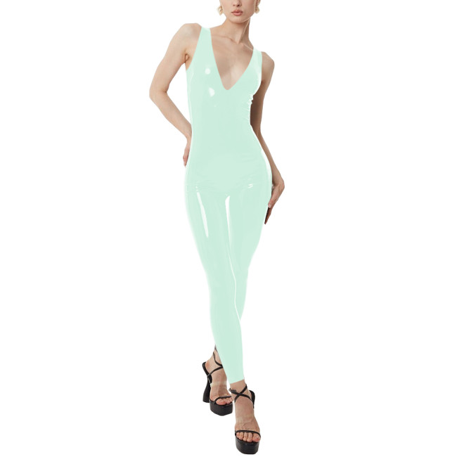 Deep V Neck Sleeveless Vinyl PVC Leather Jumpsuit for Women Summer Casual Slim Fit Zipper Back Bodycon Rompers Female Catsuit