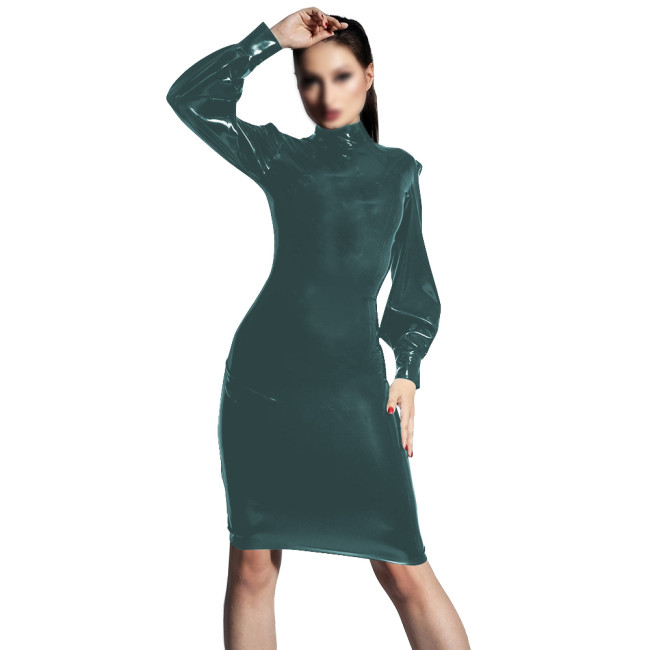 PVC Shiny Leather Elegant Bodycon Dress Turtleneck Long Sleeved Slimming Dresses Transparent Womens Knee-length Party Club Dress