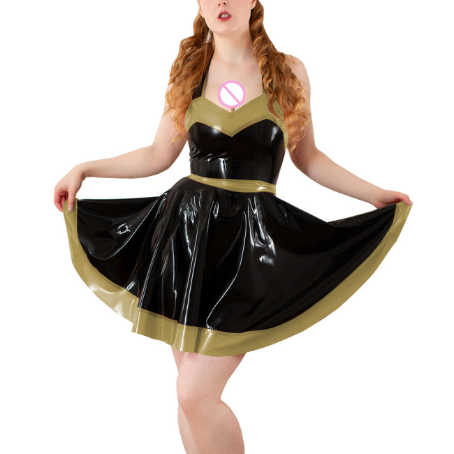 Party Mini Swing Evening Party Dress for Women Sexy Sleeveless Halter A-line PVC Shiny Dress Cocktail Formal High Waist Dresses