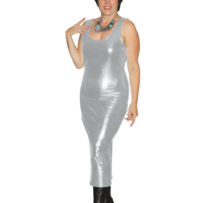 Sexy Slim Fit Maxi Dress Women Shiny Metallic Backless Bandage Sleeveless Pleated Hip Package Party Dress New Split Robe Vestito