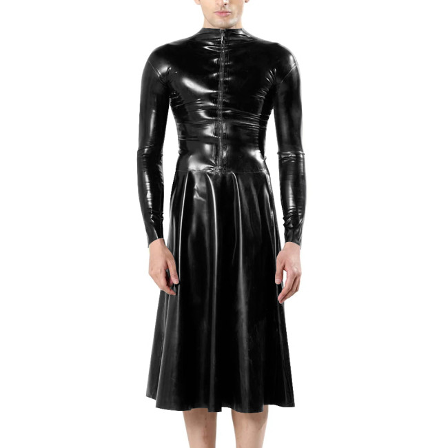 Fashion Unisex Long Sleeves Front Zip Faux Latex Sissy Dress Mock Neck Bodycon A-line Midi Dress Mens Fetish Slim Women Dresses