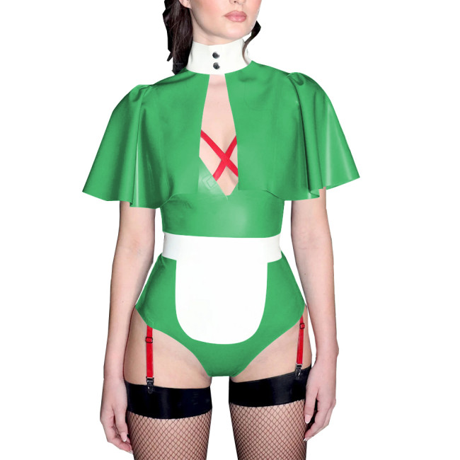 Fetish Deep V-neck Bodycon Faux Latex Bodysuits with Cape Sexy Sleeveless High Cut Rompers Cosplay Costume Plus Size Bodysuits