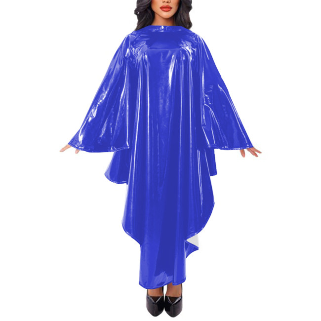 Women Cape Sleeve Loose Robe Maxi Dress Faux Leather Mock Neck Irregular Long Dress Stage Apparel Solid Cape Raincoat Clubwear