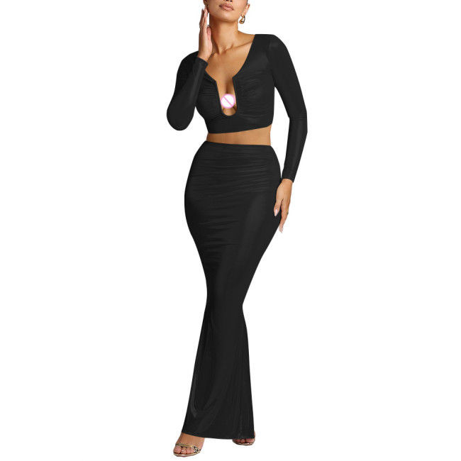Party Shiny Liquid Metallic 2 Piece Sets Womens Skirts Outfits Sexy Long Sleeve U-neck Croped Tops with Long Skirts Dailywear