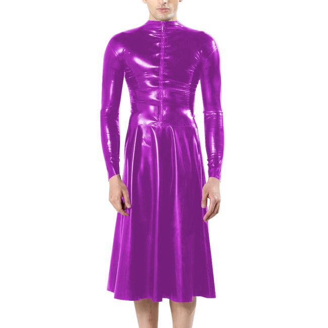 Fashion Unisex Long Sleeves Front Zip Faux Latex Sissy Dress Mock Neck Bodycon A-line Midi Dress Mens Fetish Slim Women Dresses