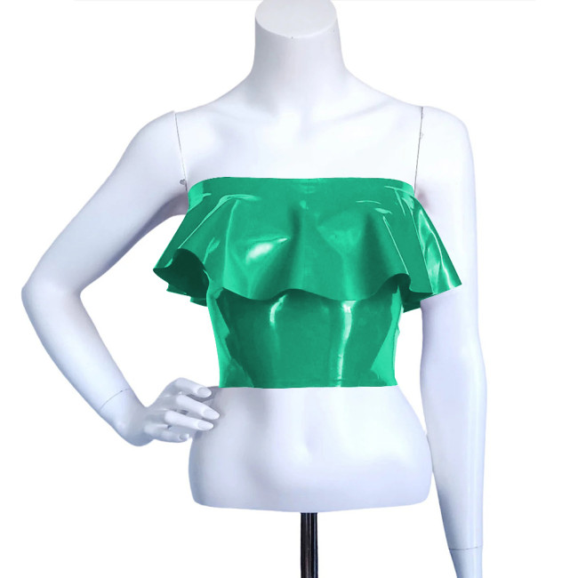 Exotic Faux Latex Slim Ruffled Chest Wrapping Strapless Tops Sexy Costume Women Bodycon Summer Crop Top Rave Outfits Fetish Wear