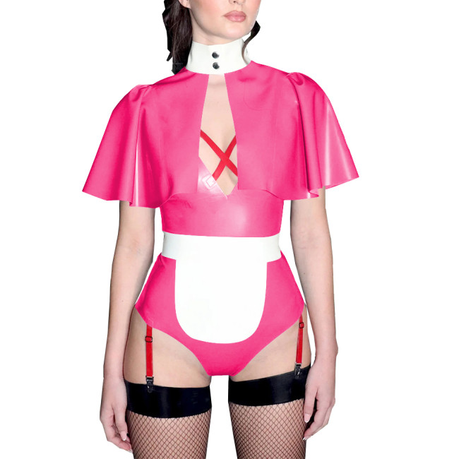 Fetish Deep V-neck Bodycon Faux Latex Bodysuits with Cape Sexy Sleeveless High Cut Rompers Cosplay Costume Plus Size Bodysuits