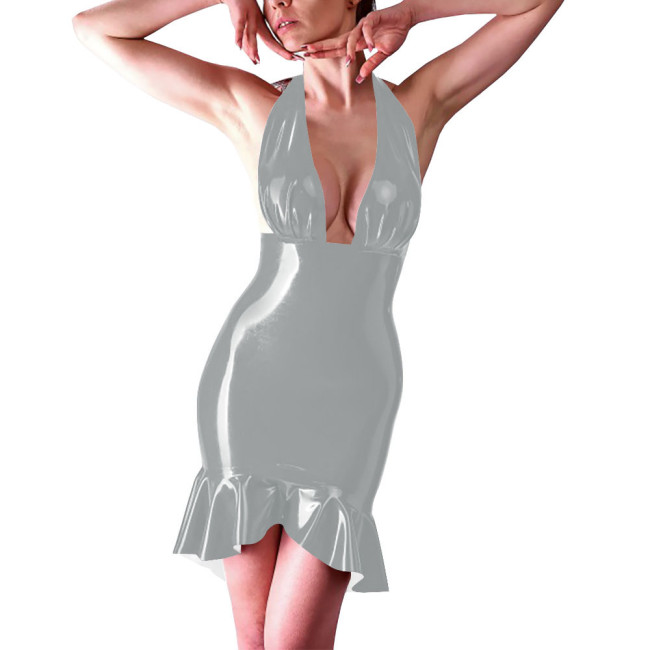 Coctail Party Sexy Backless Tight Dress for Women Latex-look Halter Sleeveless Bodycon Short Robe Evening Elegant Mermaid Dress
