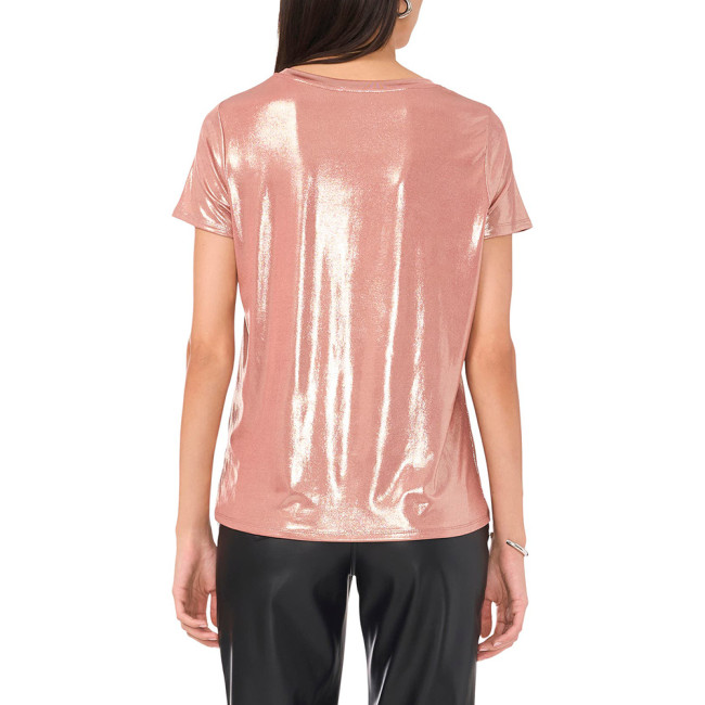 Casual Womens Short Sleeve Liquid Metallic Tops High Street Crewneck T-shirts Female Glitter Sparkly Tees Party Club Concert