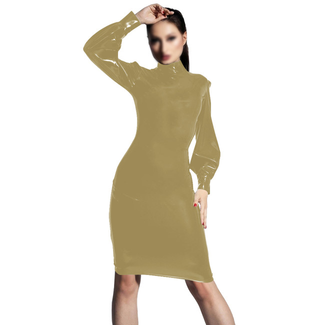 PVC Shiny Leather Elegant Bodycon Dress Turtleneck Long Sleeved Slimming Dresses Transparent Womens Knee-length Party Club Dress