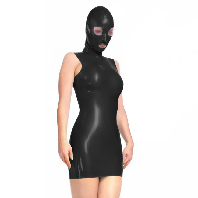 Sissy Novelty Wetlook Bodycon Mini Dress with Mask Hood Womens Sexy Sleeveless Tight Club Dress Party Vinyl PVC Dress Cosplay