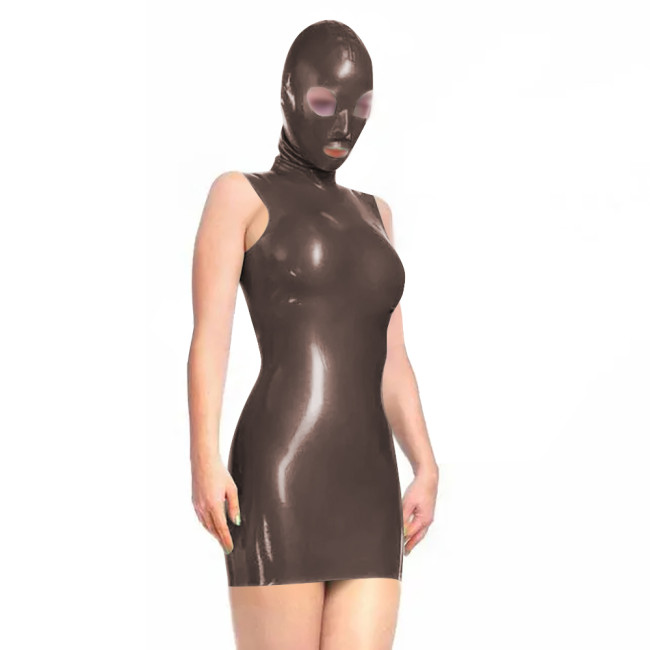 Sissy Novelty Wetlook Bodycon Mini Dress with Mask Hood Womens Sexy Sleeveless Tight Club Dress Party Vinyl PVC Dress Cosplay
