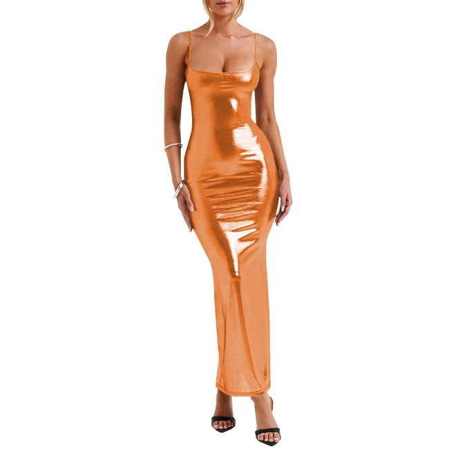 Spaghetti Strap Liquid Metallic Long Dress Sexy Tights Evening Party Vestido Elegant Ladies Soft Sparkly Maxi Dress Clubwear
