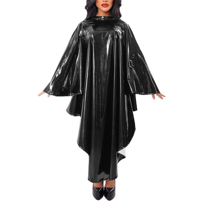 Women Cape Sleeve Loose Robe Maxi Dress Faux Leather Mock Neck Irregular Long Dress Stage Apparel Solid Cape Raincoat Clubwear