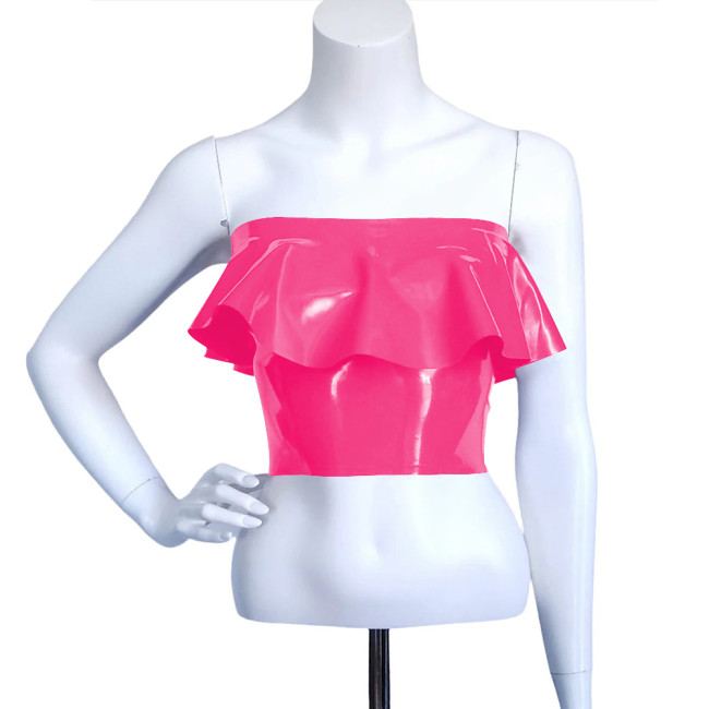 Exotic Faux Latex Slim Ruffled Chest Wrapping Strapless Tops Sexy Costume Women Bodycon Summer Crop Top Rave Outfits Fetish Wear