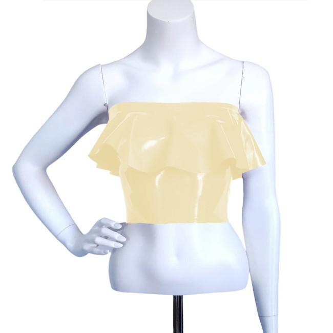 Exotic Faux Latex Slim Ruffled Chest Wrapping Strapless Tops Sexy Costume Women Bodycon Summer Crop Top Rave Outfits Fetish Wear