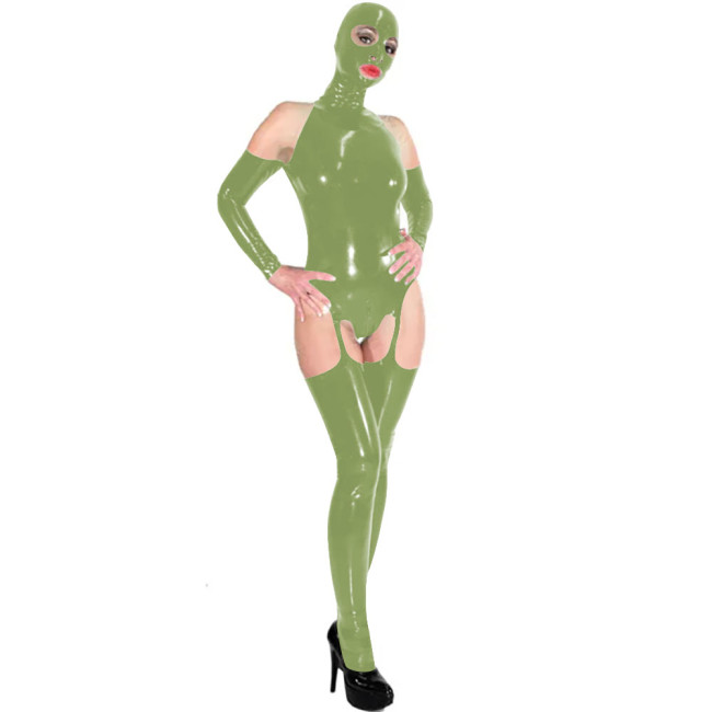 Wet Look PU Leather Sexy Bodysuit Sets Nightclub Party Outfits Mask Over Knee Stockings Gloves Halloween Uniform Masquerade Suit