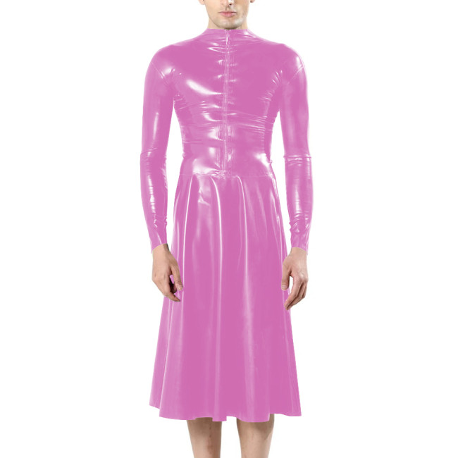 Fashion Unisex Long Sleeves Front Zip Faux Latex Sissy Dress Mock Neck Bodycon A-line Midi Dress Mens Fetish Slim Women Dresses