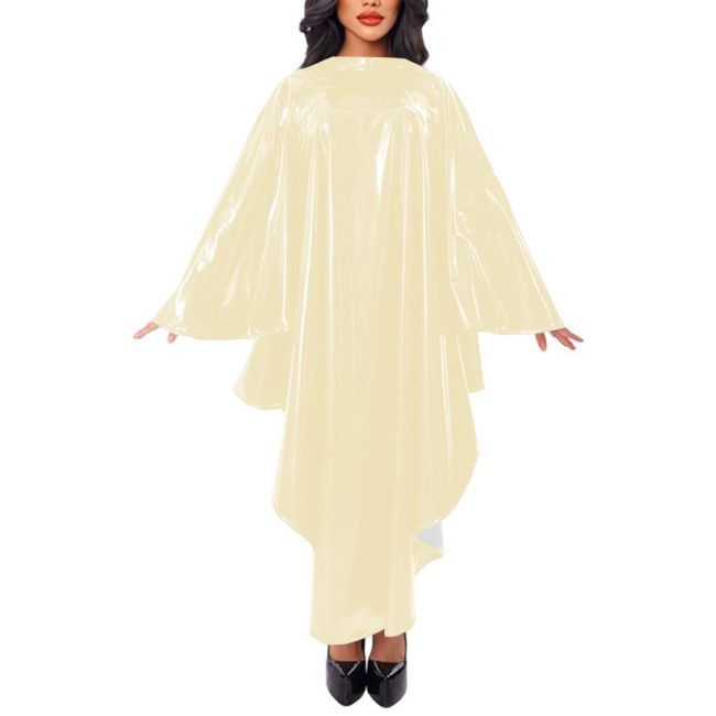 Women Cape Sleeve Loose Robe Maxi Dress Faux Leather Mock Neck Irregular Long Dress Stage Apparel Solid Cape Raincoat Clubwear