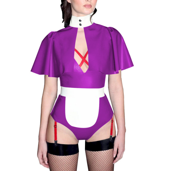 Fetish Deep V-neck Bodycon Faux Latex Bodysuits with Cape Sexy Sleeveless High Cut Rompers Cosplay Costume Plus Size Bodysuits