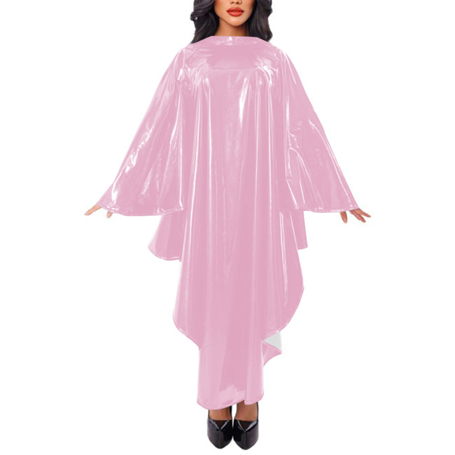 Women Cape Sleeve Loose Robe Maxi Dress Faux Leather Mock Neck Irregular Long Dress Stage Apparel Solid Cape Raincoat Clubwear