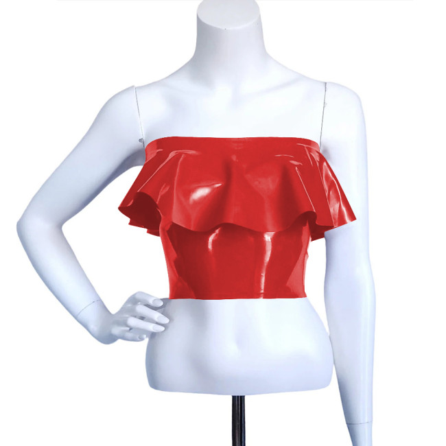 Exotic Faux Latex Slim Ruffled Chest Wrapping Strapless Tops Sexy Costume Women Bodycon Summer Crop Top Rave Outfits Fetish Wear