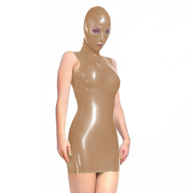 Sissy Novelty Wetlook Bodycon Mini Dress with Mask Hood Womens Sexy Sleeveless Tight Club Dress Party Vinyl PVC Dress Cosplay