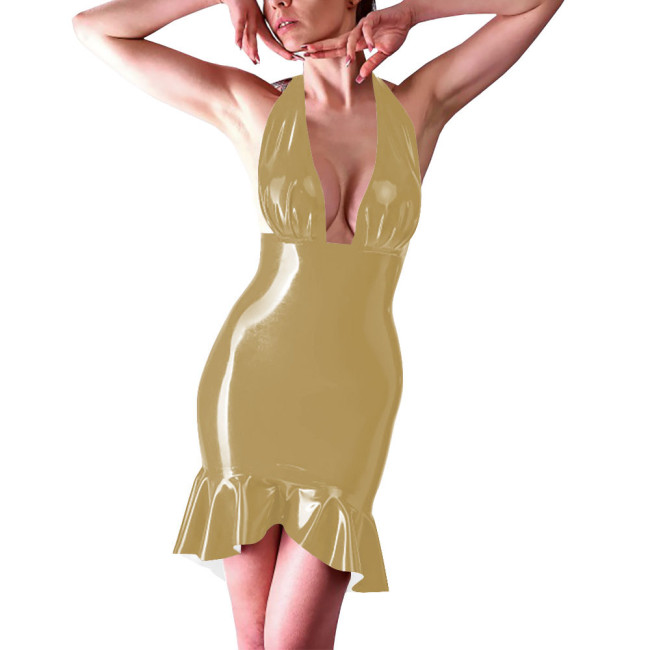 Coctail Party Sexy Backless Tight Dress for Women Latex-look Halter Sleeveless Bodycon Short Robe Evening Elegant Mermaid Dress