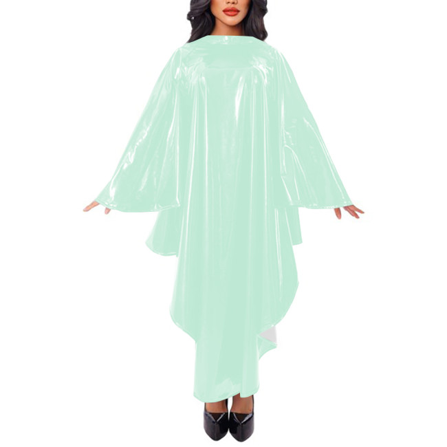 Women Cape Sleeve Loose Robe Maxi Dress Faux Leather Mock Neck Irregular Long Dress Stage Apparel Solid Cape Raincoat Clubwear
